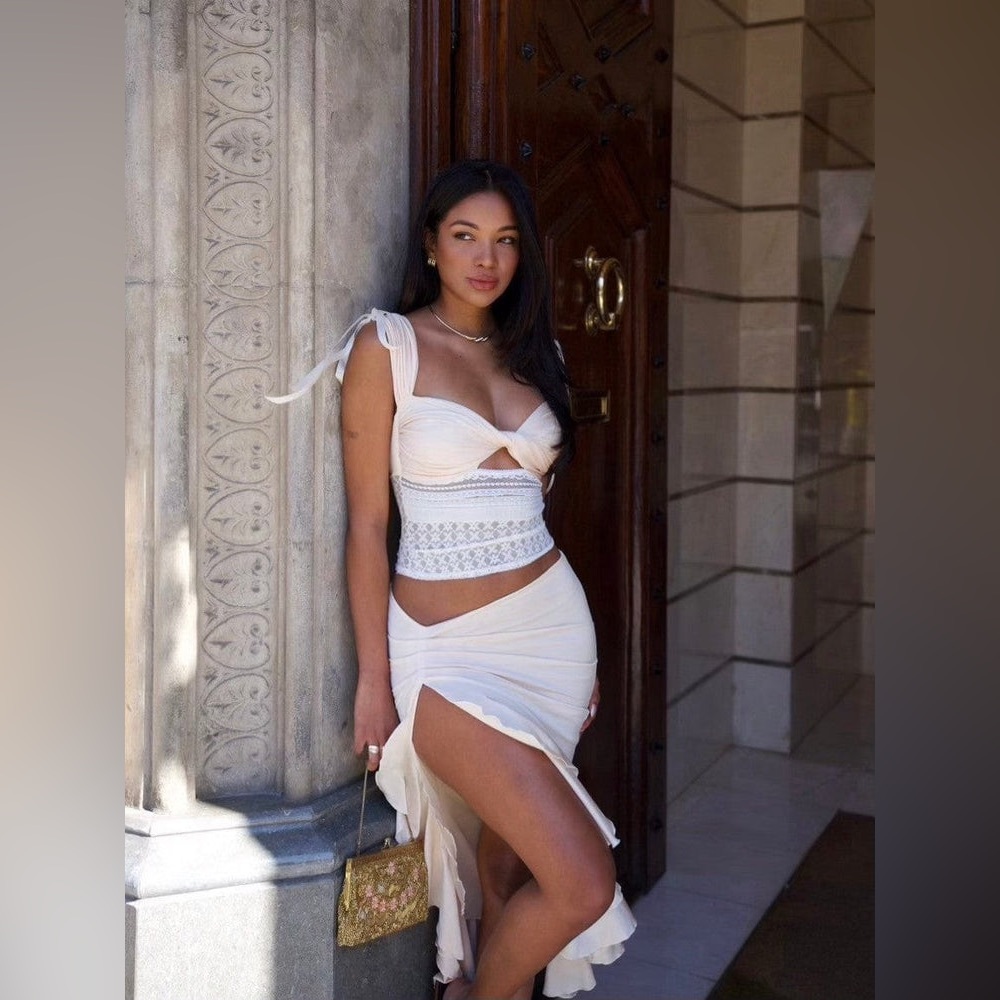 White Lace Crop Top and Skirt Set |Satin & Lace Co-Ord Set | Crop Top & Skirt - Picture 7 of 16